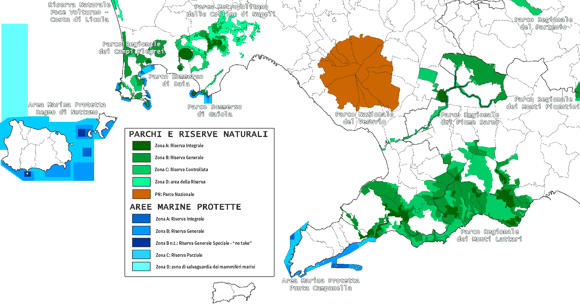 Mappa delle Aree Protette vicine alla Penisola Sorrentina